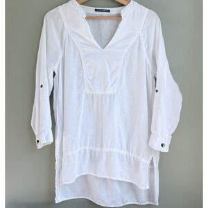 MICHAEL STARS White Linen Tunic Top Long Sleeve V-Neck High Low Hem Boho